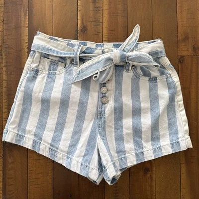 REWASH Striped Blue White Denim Belted Super High Rise Button Shorts 7 /28 - Image 1 of 4