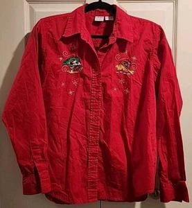 Disney Women Sz M Christmas Shirt MICKEY Pluto Lng Sleeve Button Front Embroider - Picture 1 of 8