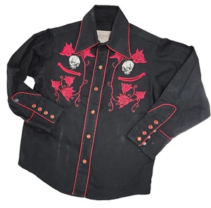 Rockmount Ranch Wear Shirt Med Black Red Pearl Snap Tru West Skulls Roses veg - Picture 1 of 7