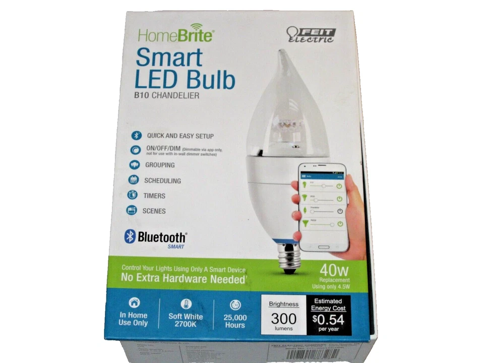 (1) NEW HomeBrite Smart LED Bulb B10 Chandelier 4.5w (40w rep) 2700K BLUETOOTH - Image 1 of 4