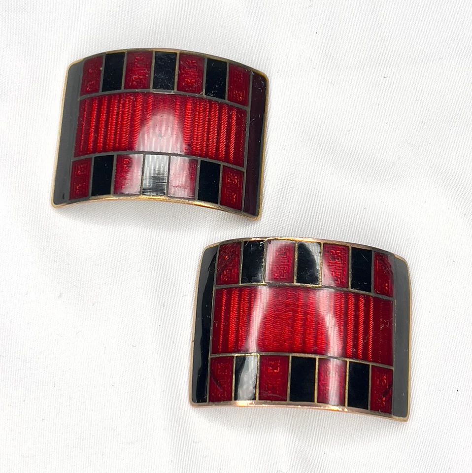 Antique 1920s-30s Cloisonné Shoe Buckles Red & Black Enamel Chic Art Deco Pair - Image 1 of 4