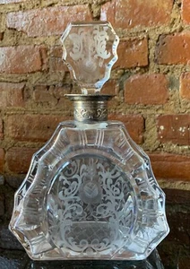 ANTIQUE CUT CRYSTAL ETCHED FACETED DECANTER STERLING SILVER GERMANY Art Deco - Picture 1 of 12