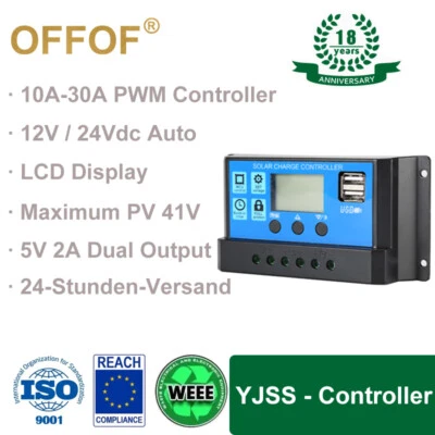 OFFOF 30A PWM Solar PV Laderegler 12V 24V Mit Display Controller Regler 5V USB - Bild 1 von 4