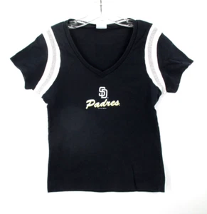 LADY SLUGGER San Diego Padres T-Shirt Tee Women Small Black V-Neck Genuine Merch - Picture 1 of 10