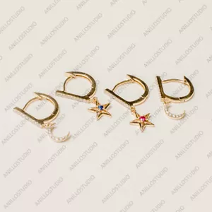 14k Yellow Gold Star&Crescent Moon Drop Earrings,Ruby,Diamond,Blue Sapphire Hoop - Picture 1 of 5