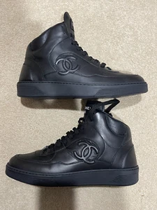 New Chanel High Top Black Leather Men's Sneakers - Size 11/44 - Picture 1 of 12
