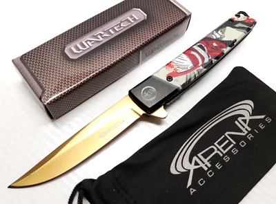 Wartech Slim Samurai Warrior Spring Assisted Pocket Knife EDC Tip Up Carry Gold - Image 1 of 4