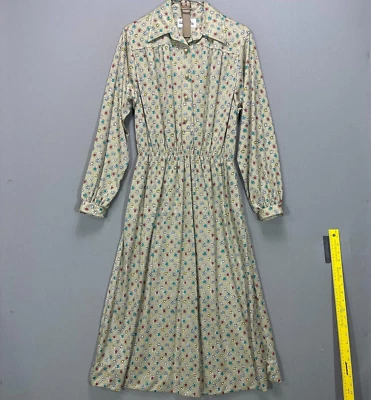VTG 70s Colorful Floral All Over Print Button Down Midi Shirt Dress Hippie 12 - Image 1 of 4