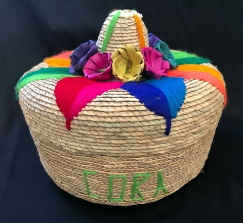 Vintage 8" Woven Straw Basket w/Lid Floral & Embroidered Raffia Flowers Cover