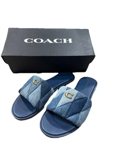COACH Women's Holly Quilted Patch Denim Logo Detail Slide Sandals Sz 6.5 NIB - Picture 1 of 14