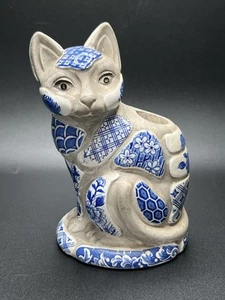 Candelabro de mosaico de cerámica vintage Nancy Lopez 1981 Delft azul y blanco gato - Imagen 1 de 10