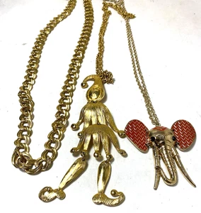 3 Gold Tone Necklace 2 Are Articulated Elephant Clown Chain - Picture 1 of 5