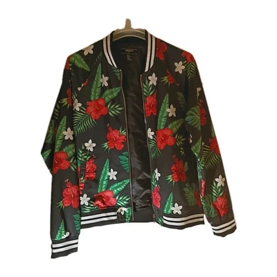 Chaqueta Bomber Hombre Forever 21 Talla XL Floral Tropical Negra Roja Verde Foto 1 de 4