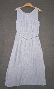 Talbots Blue White Striped 100% Linen Sleeveless Maxi Dress Size 16 Belted Beach - Picture 1 of 8
