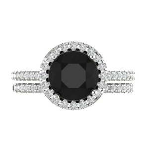 Set 2,72 anelli da sposa taglio tondo pavè aureola vera onice promessa oro bianco 14 kt - Foto 1 di 5