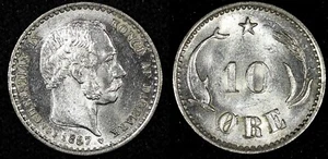 DENMARK Christian IX Silver 1897 VBP 10 Øre UNC KM# 795.2 (24 718) - Picture 1 of 3