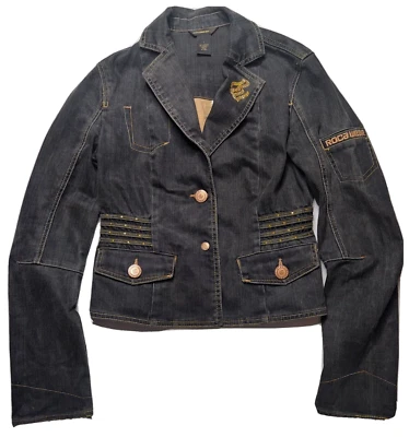 ROCAWEAR Women Large Black 2-Button Stretch Denim Embellished Jean Jacket - Image 1 of 4