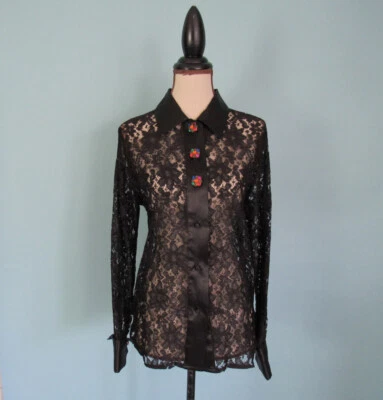 Размер S-черный кружева винтажная блузка чистый на пуговицах атласный воротник драгоценности кнопки - Изображение 1 из 4