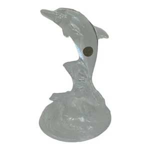 CRISTAL D'ARQUES GLASS DOLPHIN ON FROSTED CREST OF WAVE SCULPTURE - Picture 1 of 8