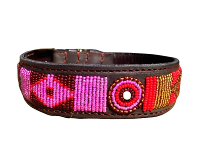 Beaded Leather Dog Collar&Leash African Maasai Pink/Red Custom Pet Name XXS-XXL - Image 1 of 4