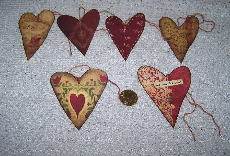 6-Valentine's Day-Primitive-Hearts-Fussy Cut-Linen Cardstock-Gift-Hang-Tags - Image 1 of 1