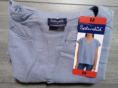 Splendid Shirt Blouse Adult Womens Medium Blue V-Neck Linen Blend Short Sleeve - Image 1 of 4