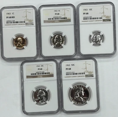 1963 1C, 5C, 10C, 25C, & 50C 5-piece Proof Set NGC PF 68 - Image 1 of 4