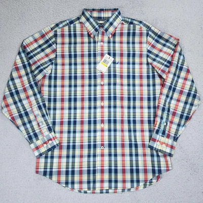 Camisa masculina Nautica média multicolorida xadrez botão para baixo algodão resistente a rugas - Imagem 1 de 4