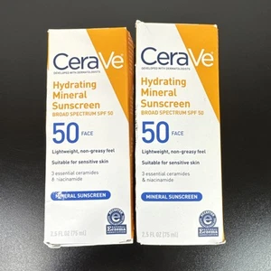 2 Pk CeraVe HYDRATING MINERAL SUNSCREEN SPF BS 50 Face 2.5 fl oz ea Exp 4/27 NEW - Picture 1 of 6
