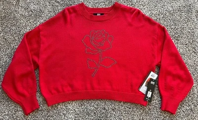 Madden NYC Womens Metal Studded Rose Balloon Sleeve Cropped Racing Red Sweater - Image 1 of 4