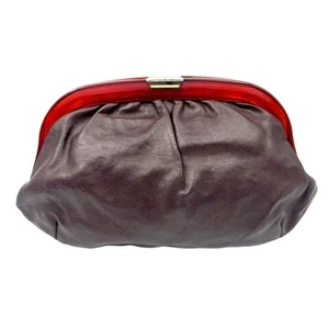 Sac à main pochette simili cuir marron poignée lucite vintage intérieur miroir - Photo 1 sur 8