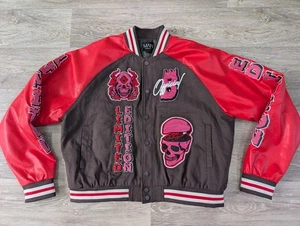 boohooMAN Boxy Twill Limited Badge Pu Sleeve Varsity Jacket In Red Size Large - Picture 1 of 17