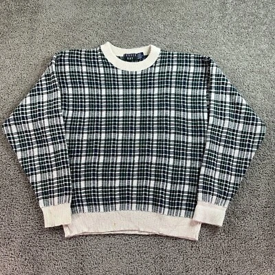 VINTAGE Trader Bay Sweater Mens L Blue Green Hand Framed Plaid Made In USA 90s - Image 1 of 4