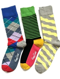 HAPPY SOCKS UNISEX SOFT COMBED COTTON DRESS SOCKS STRIPED/Diamond/Wavy Pattern - Picture 1 of 2