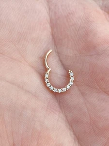 16G Hinged Nose Ring Septum Clicker Daith Hoop With Natural Diamonds 14k Gold - Picture 1 of 2