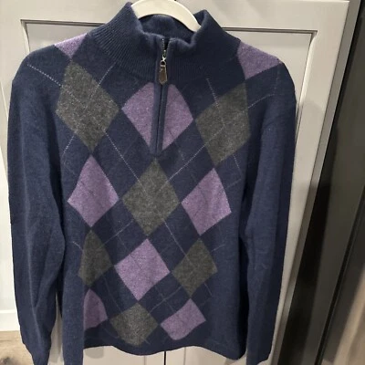 Allen Solly 2 Ply Cashmere Sweater Men’s Size M Blue Purple Argyle Quarter Zip - Image 1 of 4