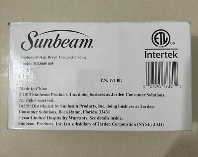 Secador de pelo Sunbeam compacto plegable MODELO HD3005-005 1 UNIDAD CAJA DMG Foto 1 de 4