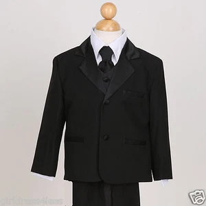 Black Boy 5 PCs Tuxedo Tie Suit 6-12M 18M 2 3 4 5 6 7 8 10 12 14 16 18 20 - Picture 1 of 4