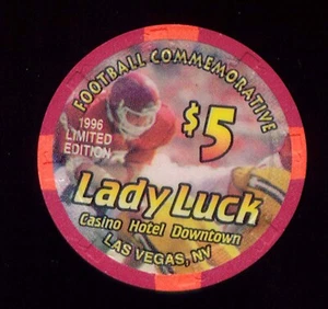 1996 LADY LUCK CASINO $ 5 FUSSBALL KOMMERATIVE CHIP, LAS VEGAS, NEUWERTIG - Bild 1 von 2