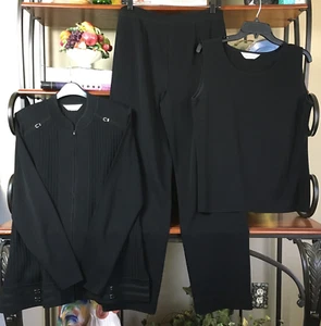 Exclusively Misook Black 3 pc Pant Suit Set Zip Front Jacket/Pull on Pant/Top - Picture 1 of 15