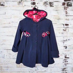Maria Elena Girls Navy Fleece Hooded Swing Coat Flower Smiley Lining Size 5 - Picture 1 of 5