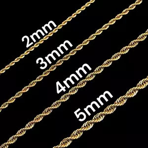 Stainless Steel Gold Plated Rope Chain 2, 3, 4, 5mm Hip Hop Jewelry Unisex, Men - Picture 1 of 3