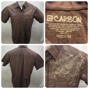 Carbon Mens Size M Brown Pin Stripe SS Shirt Graphic Bird Button up Front pocket - Picture 1 of 7
