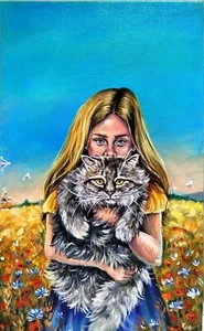 Original Acrylic Painting, Ukrainian Girl and Cat Amidst Drones, War art Ukraine - Picture 1 of 12