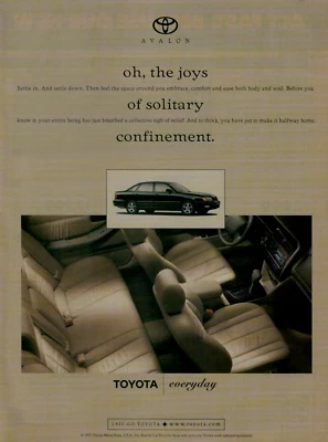 1998 Toyota Avalon Black Sedan Settle In Solitary Confinement Original Print Ad - Image 1 of 2