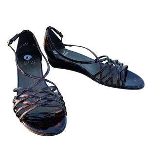 New Stuart Weitzman Brown Patent Leather Open Toe Strappy Wedge Sandals 8 1/2 M - Picture 1 of 11