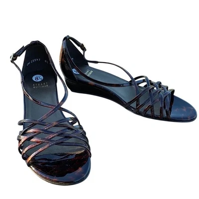 New Stuart Weitzman Brown Patent Leather Open Toe Strappy Wedge Sandals 8 1/2 M - Image 1 of 4