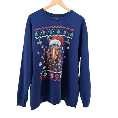 Retro Caballo Navidad Sudadera Azul Vacaciones Cuello Redondo Santa Feo Suéter XL Foto 1 de 4