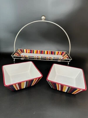 Pampered Chef Simple Additions Stripes Condiment Tray in Caddy & 2 Serving Bowls - Image 1 of 4