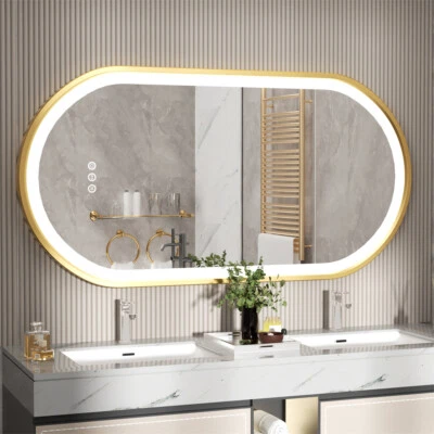 Espejo de baño LED 3 colores regulable antiniebla con marco dorado espejo de tocador iluminado Foto 1 de 4